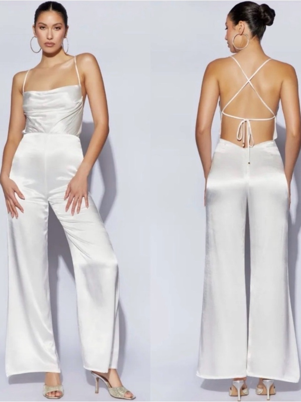 Meshki White Satin Backless Wide-Leg Jumpsuit
